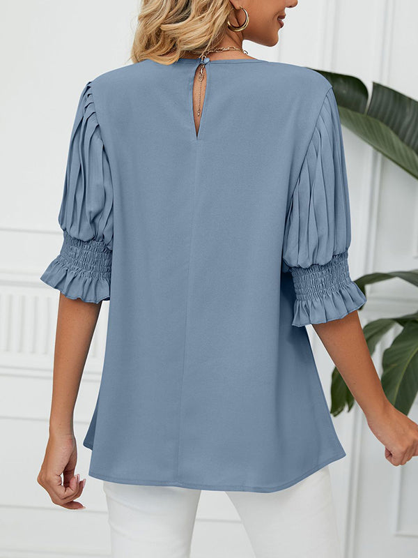 Loose Puff Sleeves Pleated Solid Color Round-Neck T-Shirts Tops