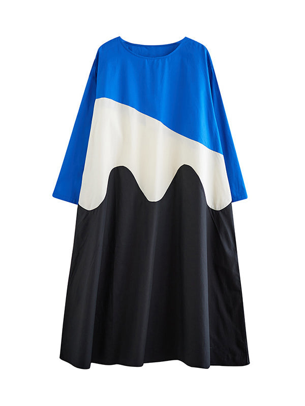 A-Line Long Sleeves Asymmetric Contrast Color Split-Joint Round-Neck Midi Dresses