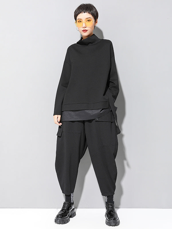 Black False-Two Split-Joint High-Neck Sweatshirt T-Shirt