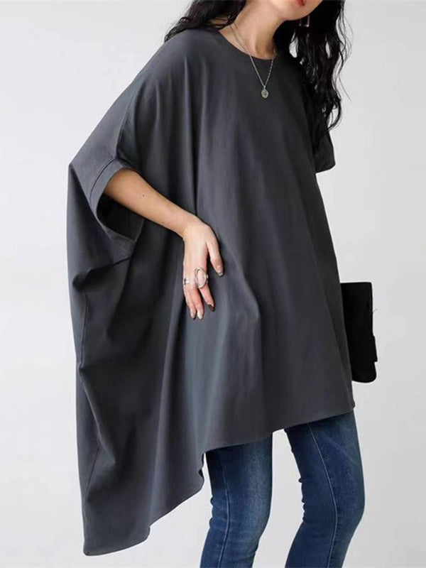 Batwing Sleeves Half Sleeves Solid Color Round-Neck T-Shirts Tops