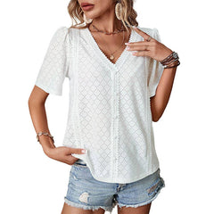 Short Sleeve V-Neck Lace Trim Blouse Top