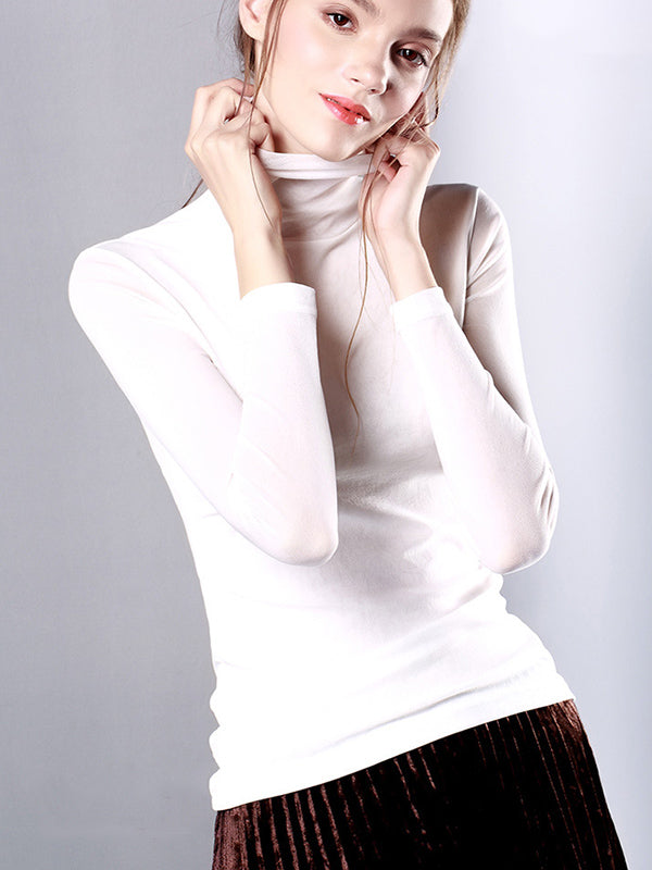 13 Colors High-Neck  Solid Color Long Sleeves T-Shirt Top