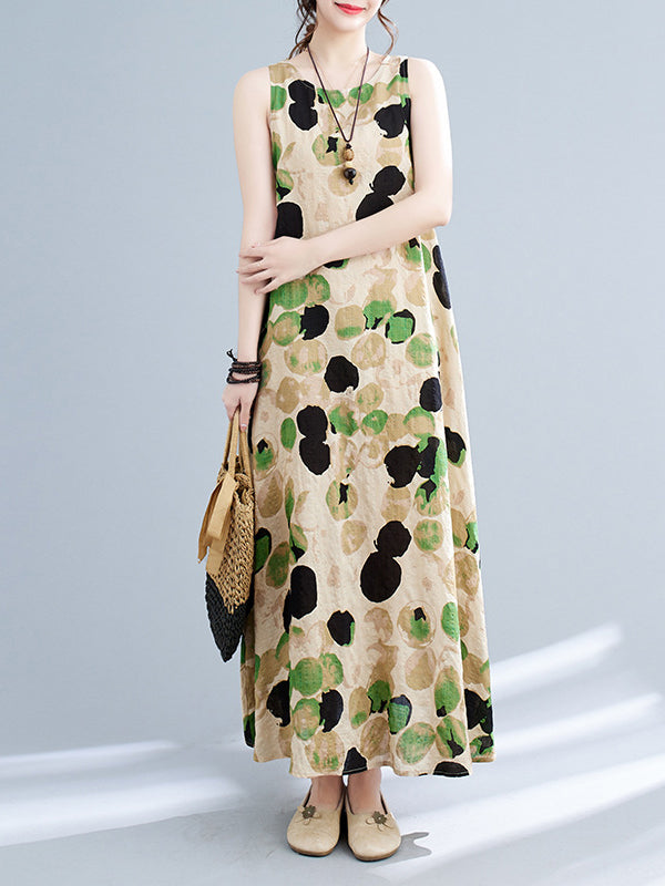 Loose Sleeveless Printed Split-Joint Round-Neck Maxi Dresses