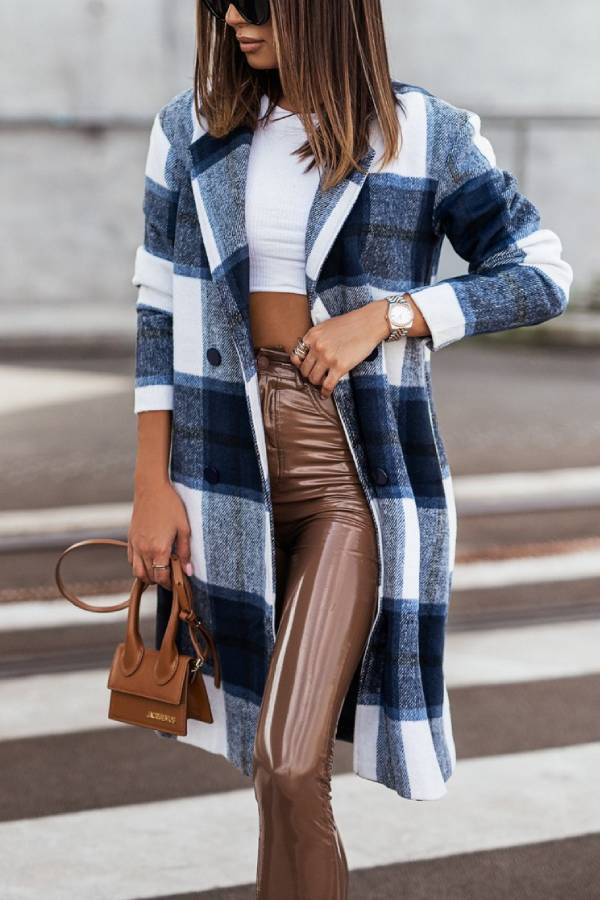 Women's Mid Length Double Breasted Plaid Print Woolen Coat