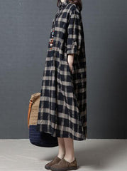 Loose Plaid Plus Size Ramie Cotton Blouse Midi Dresses