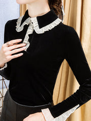 Long Sleeves Skinny Hollow Ruffled Peter Pan Collar T-Shirts Tops