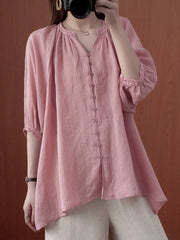 Simple Casual Solid Buttoned Pleated Blouse