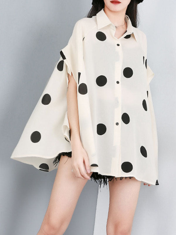 Batwing Sleeves High-Low Polka-Dot Lapel Blouses&Shirts Tops