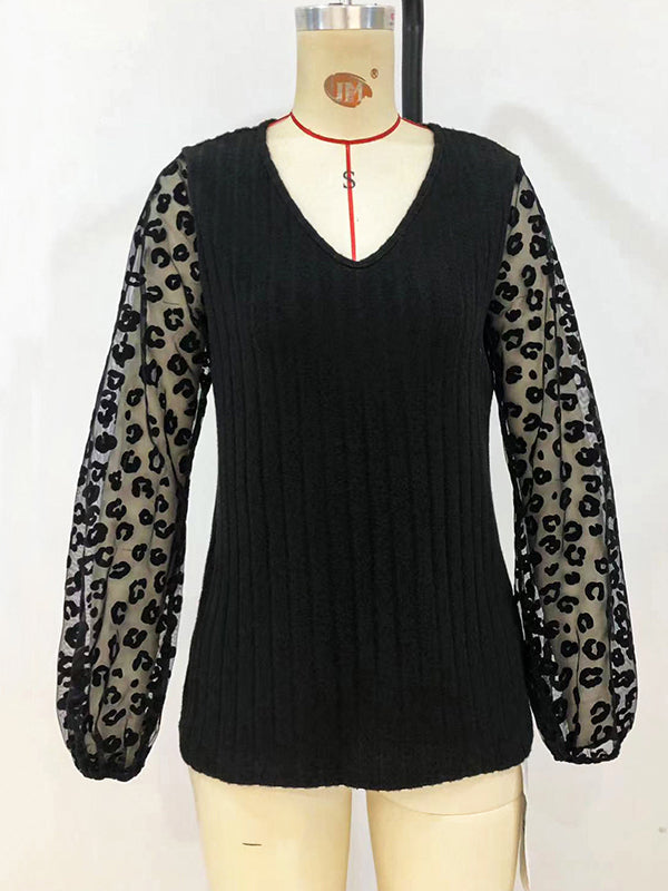 Long Sleeves Loose Elasticity Leopard Mesh Split-Joint V-Neck T-Shirts Tops