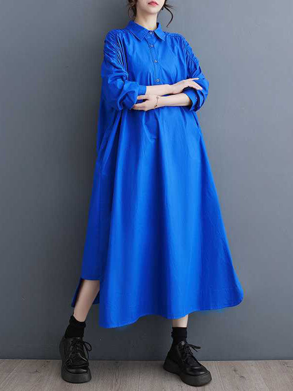 A-Line Long Sleeves Buttoned Hollow Pleated Pockets Solid Color Lapel Midi Dresses Shirt Dress