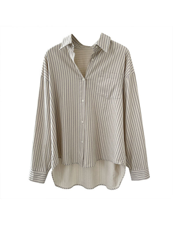 Long Sleeves Loose Buttoned Pockets Striped Lapel Blouses&Shirts Tops