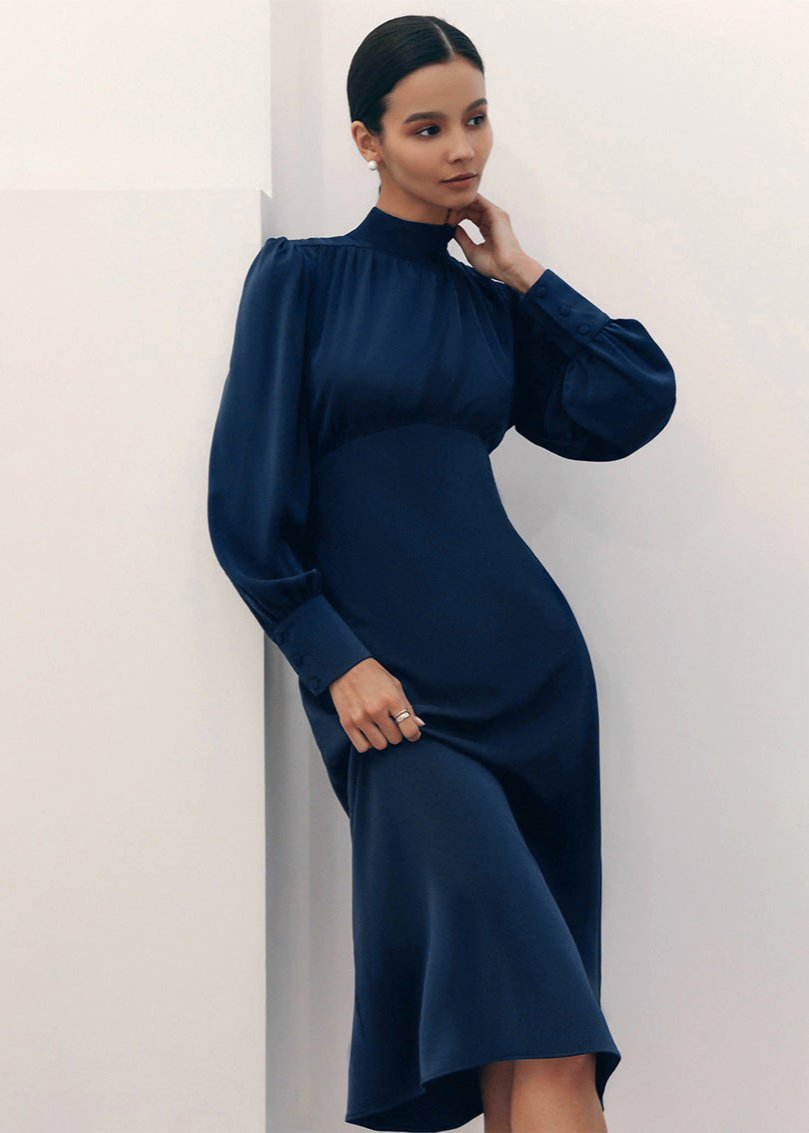 Navy Long Sleeve High Collar Dress