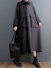 Casual Long Sleeves Loose Buttoned Contrast Color Split-Joint Lapel Collar Midi Dresses