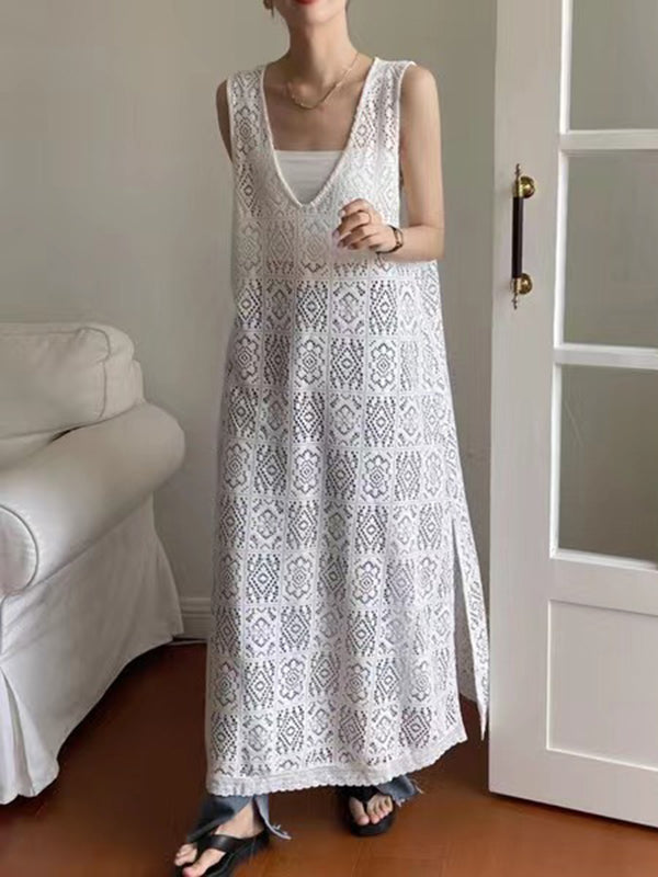 Loose Sleeveless Hollow Solid Color Split-Joint Split-Side V-Neck Maxi Dresses