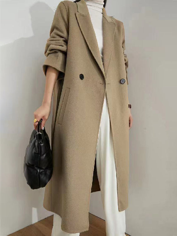 Office Belted Solid Color Notched Collar Wool Overcoat