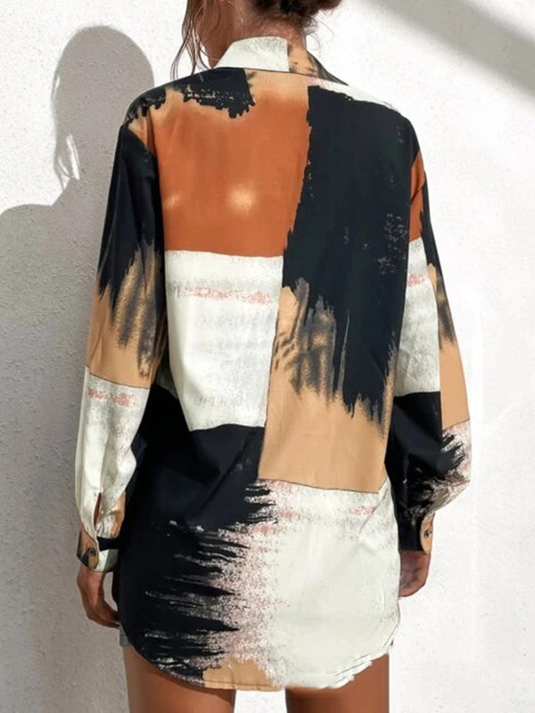 Long Sleeves Loose Asymmetric Printed Split-Joint Lapel Blouses&Shirts Tops