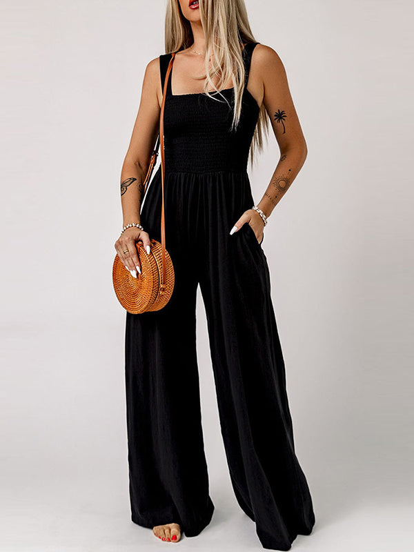 Sleeveless Wide Leg Pleated Solid Color Square-Neck Jumpsuits