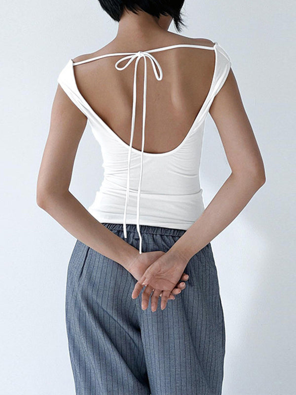 Loose Skinny Backless Lace-Up See-Through Solid Color Split-Joint Off-The-Shoulder T-Shirts Tops