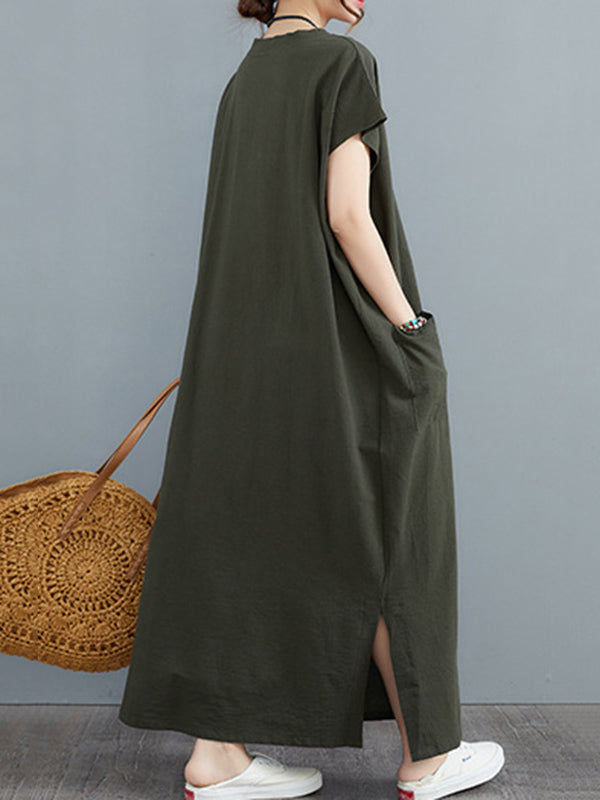 Simple Ramie Cotton Solid Color Split-Side With Pocket V-Neck Short Sleeves Maxi Dress