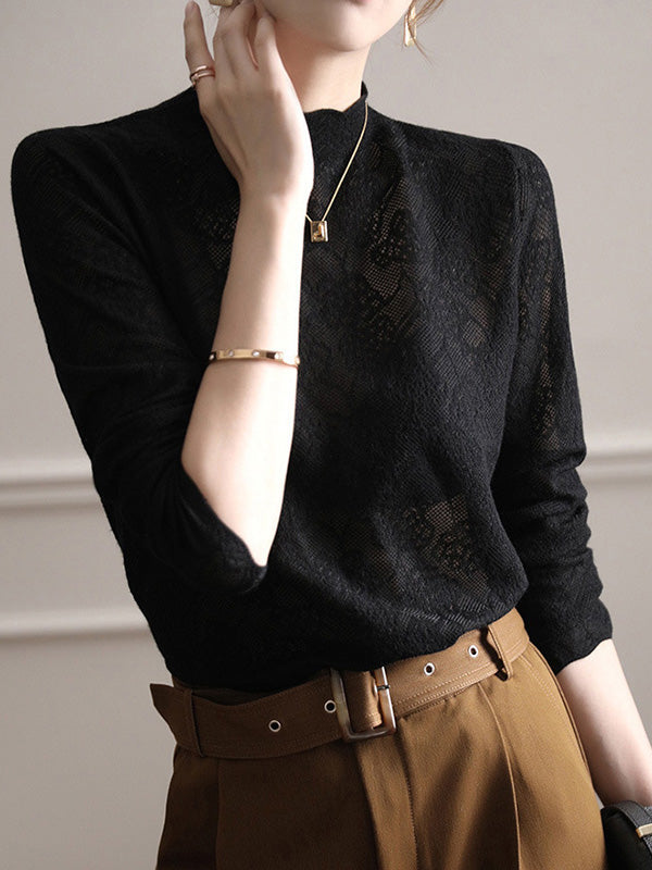 Long Sleeves Hollow Jacquard Solid Color Knitwear T-Shirts Tops