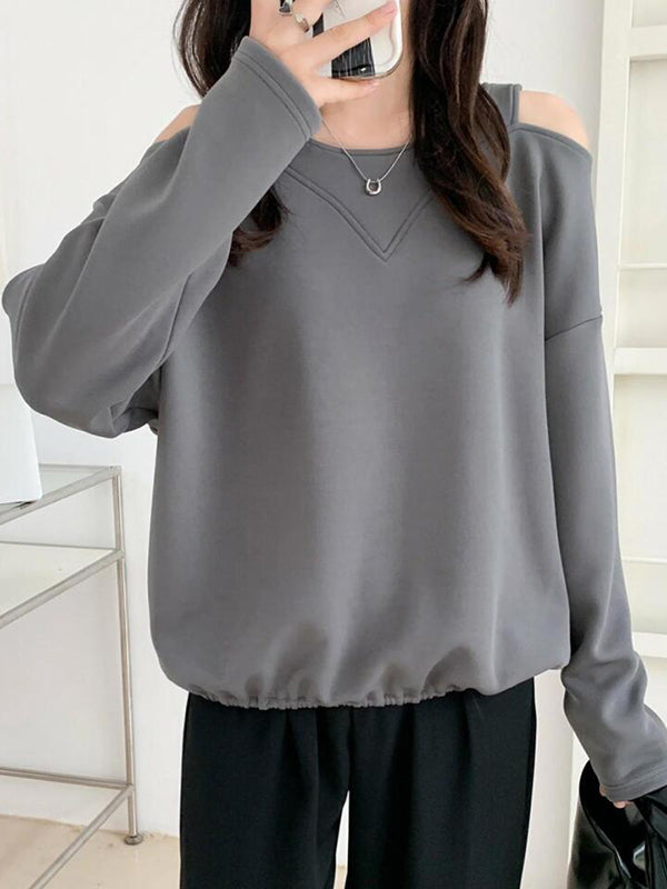 Long Sleeves Loose Hollow Solid Color Cold Shoulder T-Shirts Tops