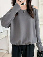 Long Sleeves Loose Hollow Solid Color Cold Shoulder T-Shirts Tops