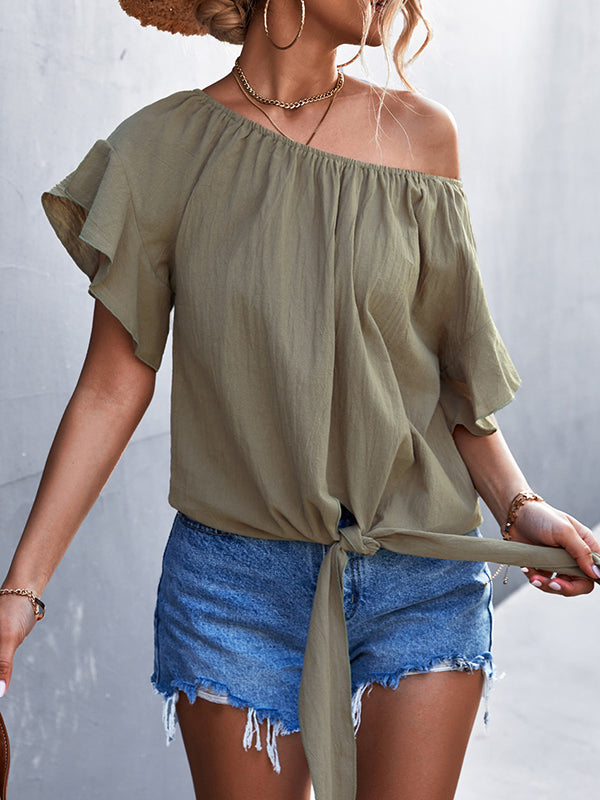 Loose Short Sleeves Elasticity Falbala Pleated Solid Color Tied Round-Neck T-Shirts Tops