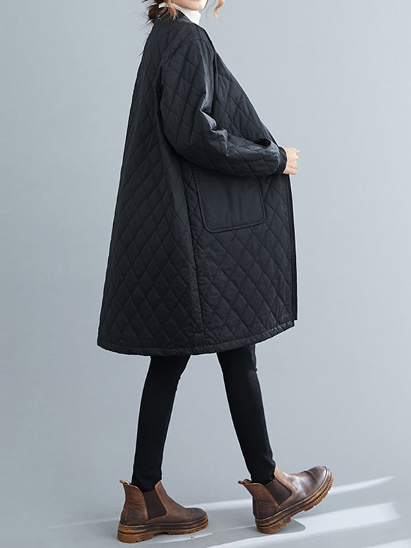 Long Sleeves Loose Pockets Quilted Solid Color Zipper Stand Collar Padded Coat