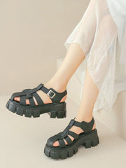 Belt Buckle Hollow Round-Toe Split-Joint Gladiators Platform Shoes Sandals