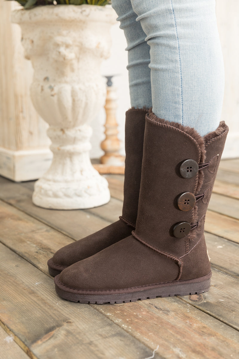 SMAIBULUN Ugg | Side Button Faux Fur-Lined Leather Suede Boots