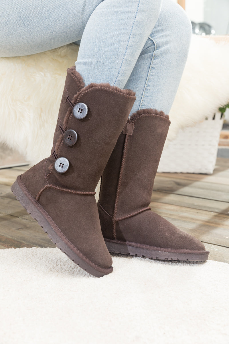 SMAIBULUN Ugg | Side Button Faux Fur-Lined Leather Suede Boots