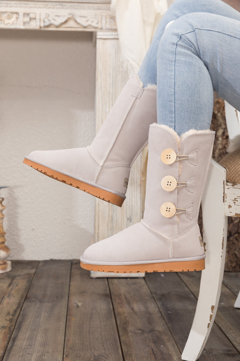 SMAIBULUN Ugg | Side Button Faux Fur-Lined Leather Suede Boots