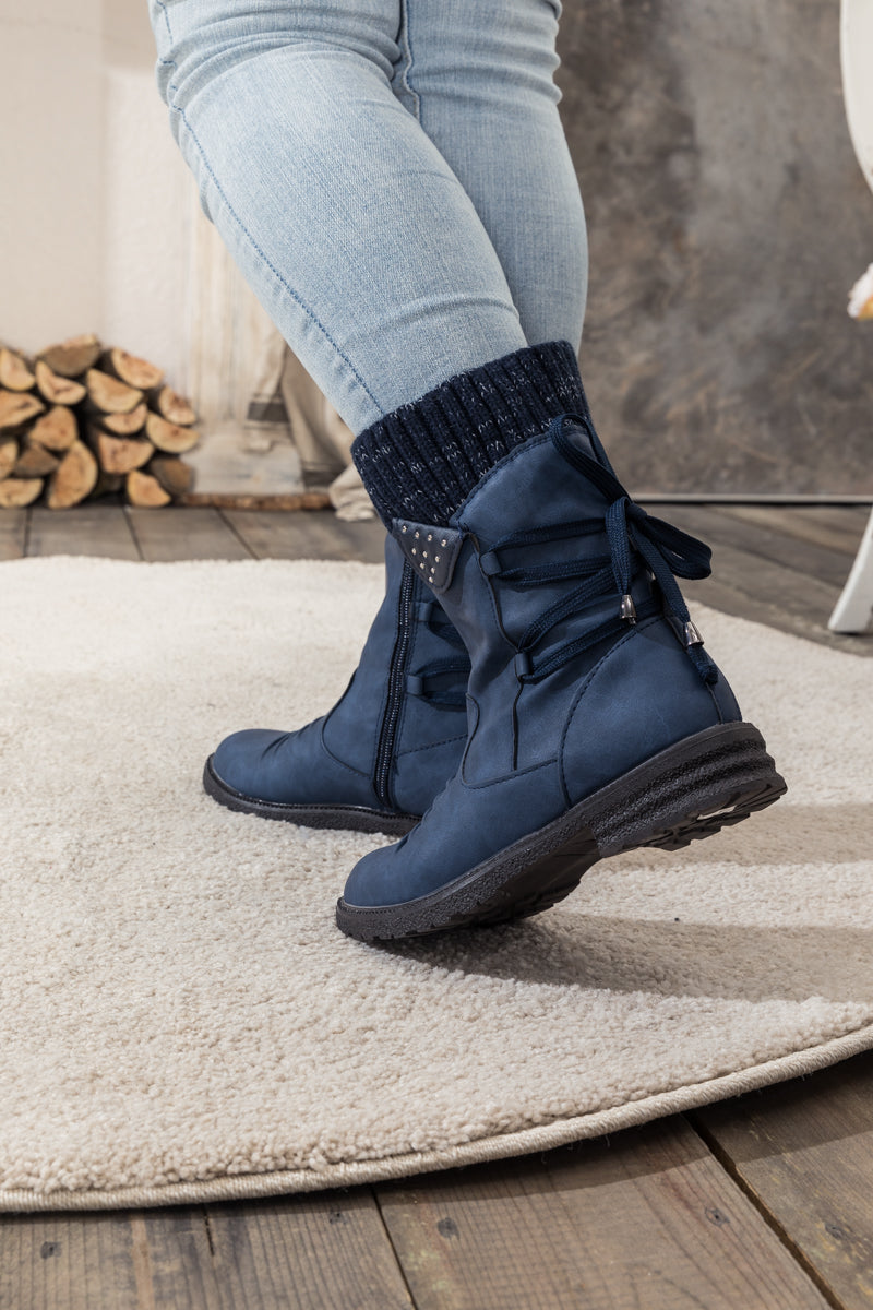 En Bloom | Navy Ruched Back Tie-Accent Combat Boot