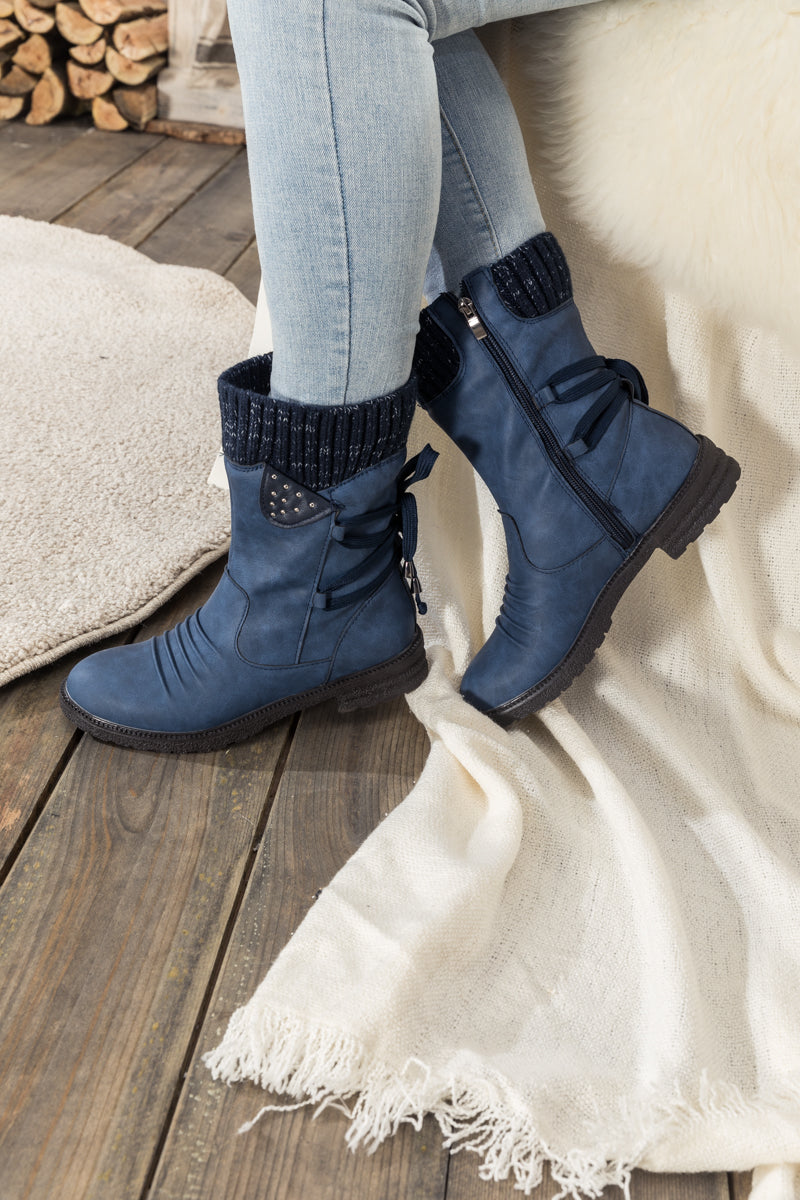 En Bloom | Navy Ruched Back Tie-Accent Combat Boot