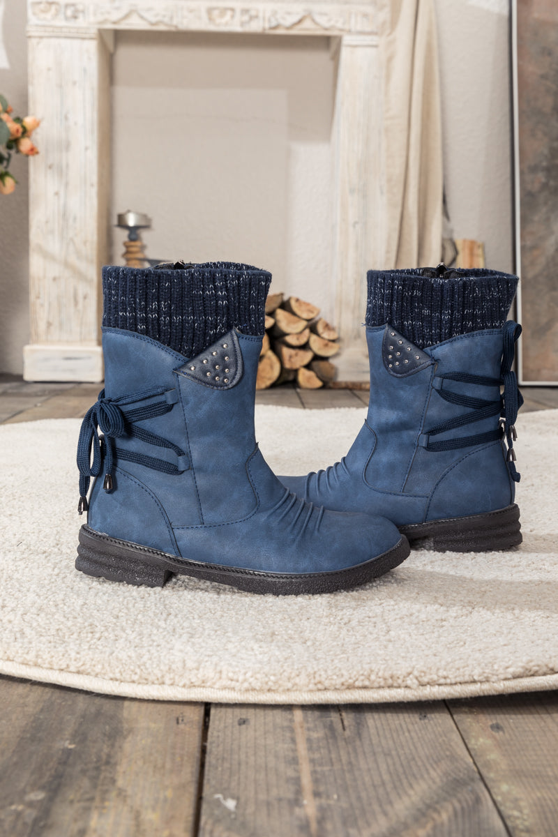 En Bloom | Navy Ruched Back Tie-Accent Combat Boot