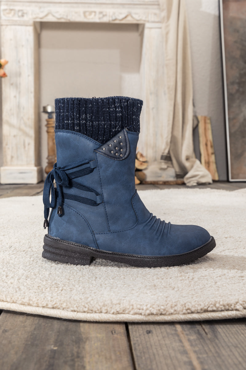 En Bloom | Navy Ruched Back Tie-Accent Combat Boot