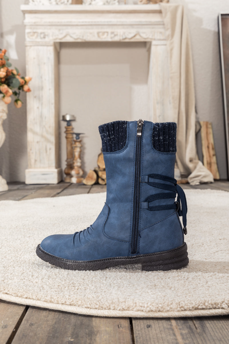 En Bloom | Navy Ruched Back Tie-Accent Combat Boot