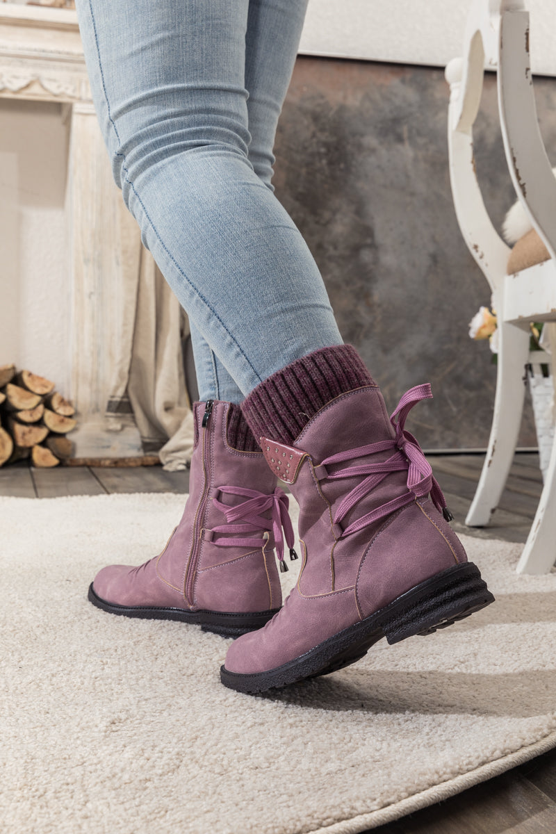 En Bloom | Purple Ruched Back Tie-Accent Combat Boot