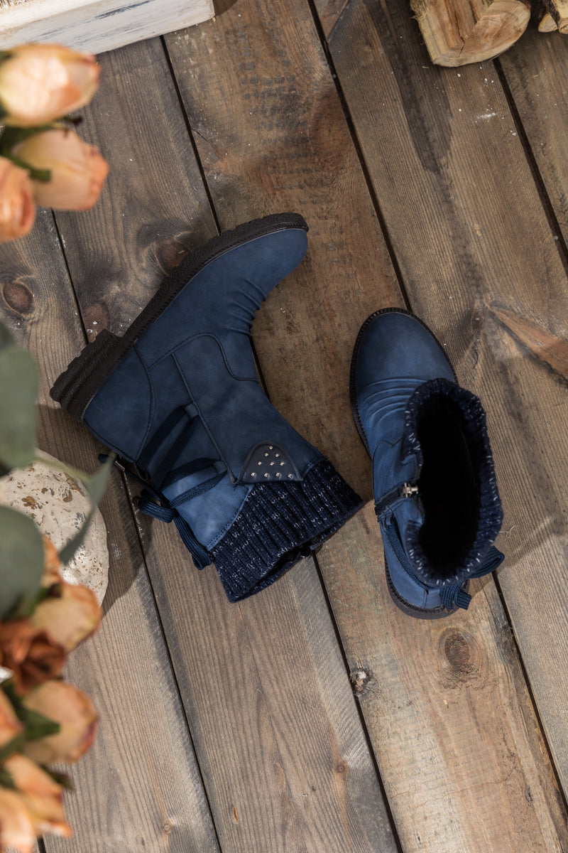 En Bloom | Navy Ruched Back Tie-Accent Combat Boot