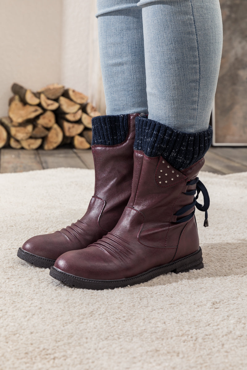 En Bloom | Burgundy Ruched Back Tie-Accent Combat Boot