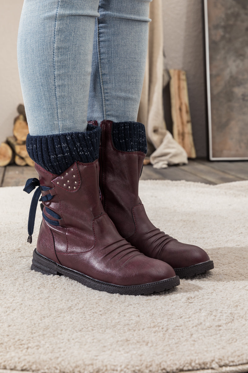 En Bloom | Burgundy Ruched Back Tie-Accent Combat Boot