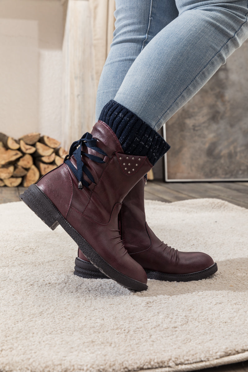 En Bloom | Burgundy Ruched Back Tie-Accent Combat Boot