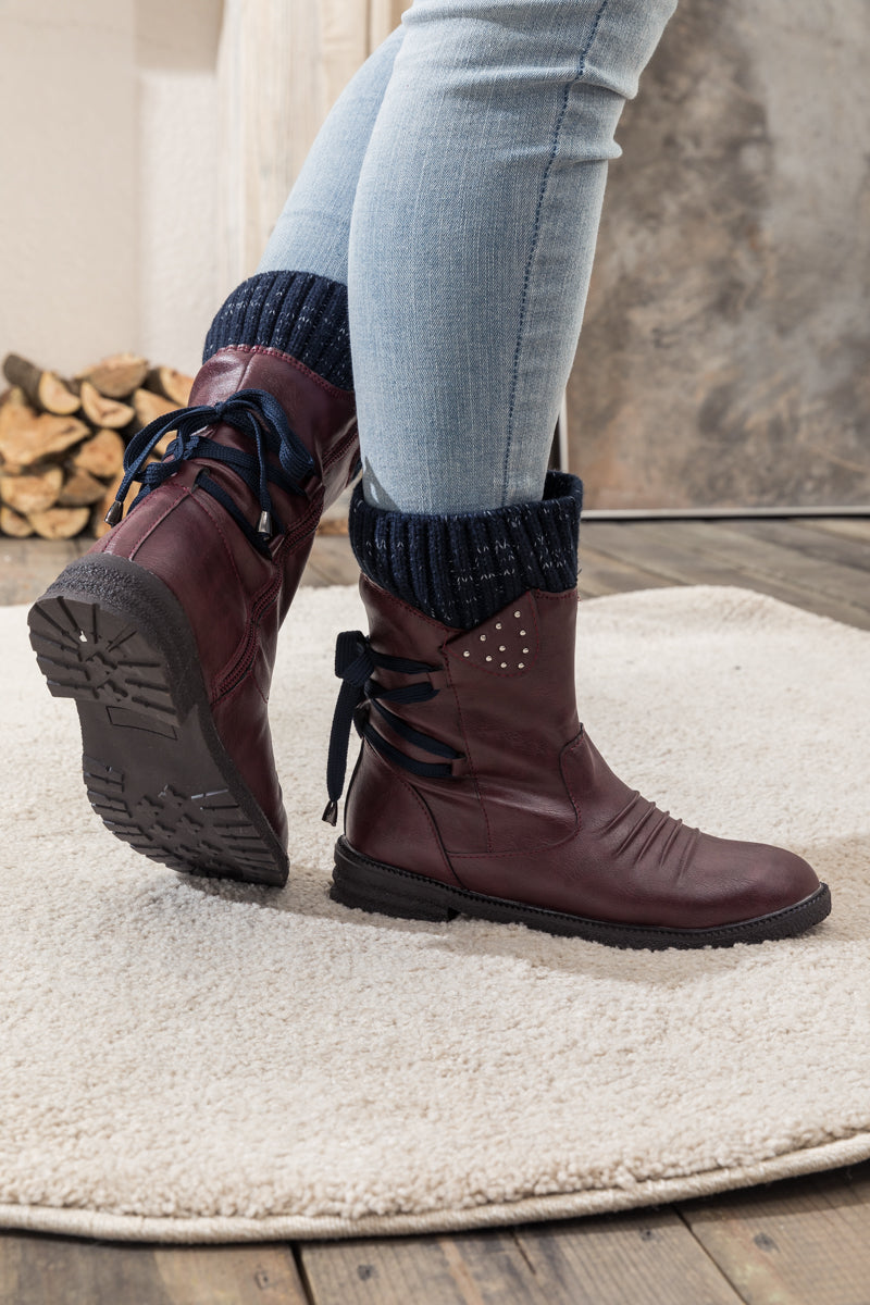 En Bloom | Burgundy Ruched Back Tie-Accent Combat Boot