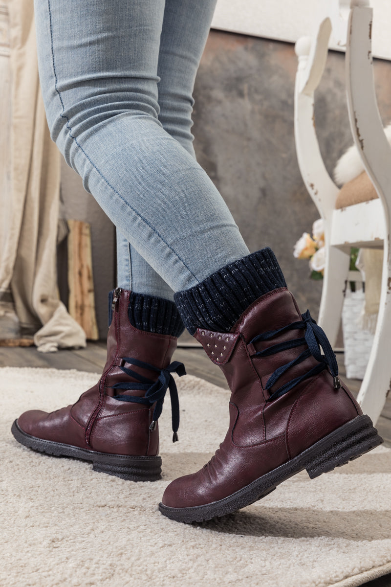 En Bloom | Burgundy Ruched Back Tie-Accent Combat Boot