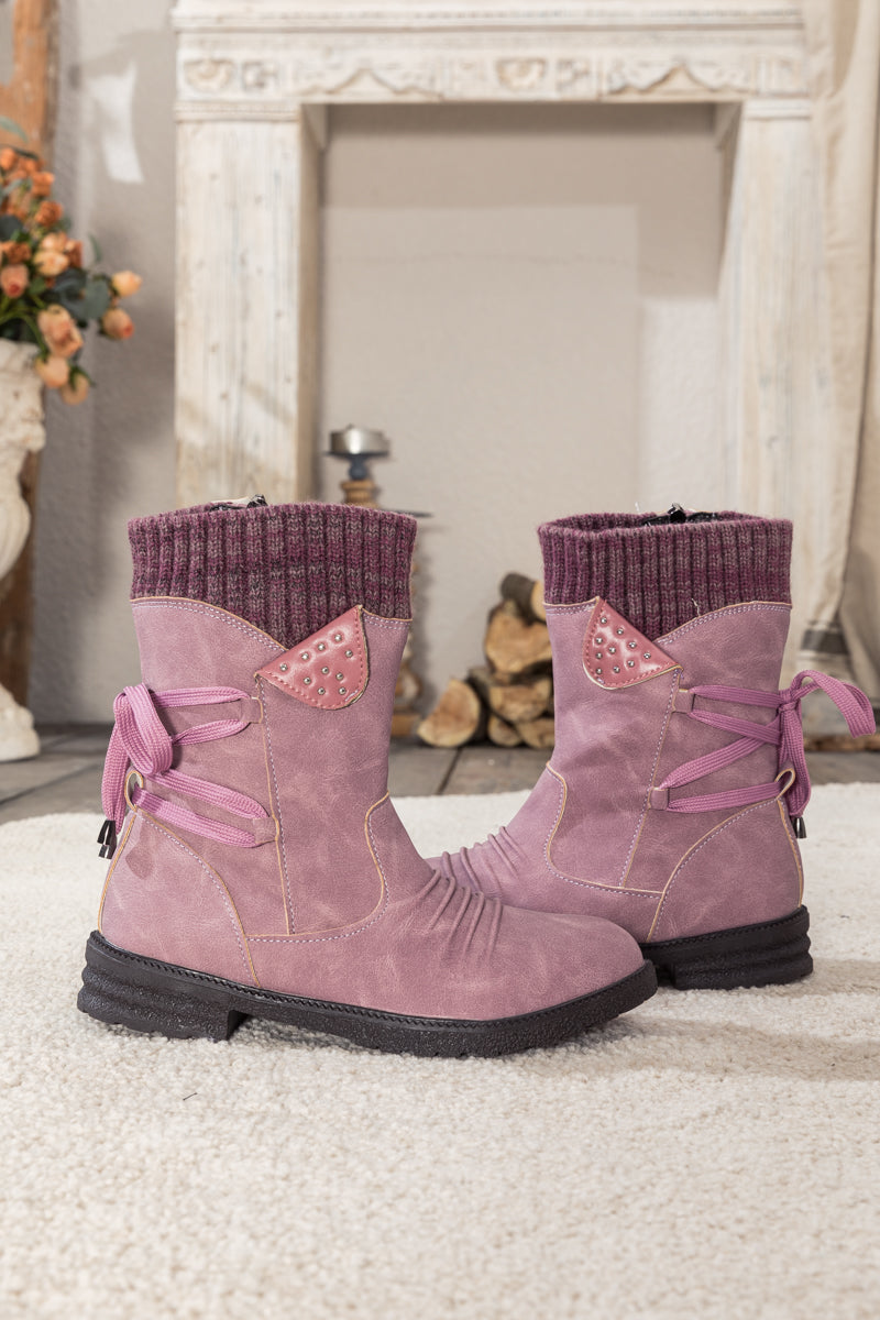 En Bloom | Purple Ruched Back Tie-Accent Combat Boot