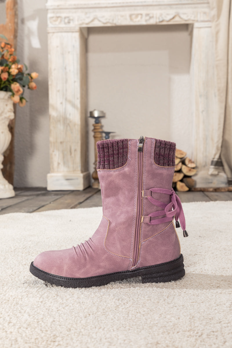 En Bloom | Purple Ruched Back Tie-Accent Combat Boot