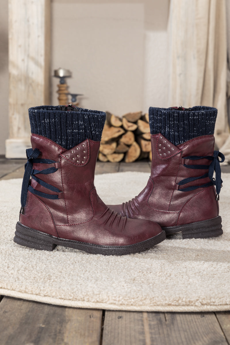 En Bloom | Burgundy Ruched Back Tie-Accent Combat Boot