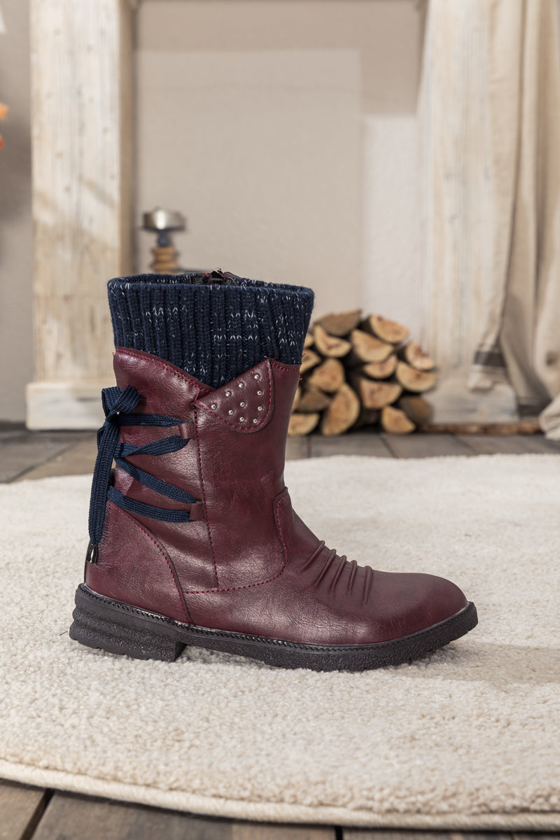 En Bloom | Burgundy Ruched Back Tie-Accent Combat Boot