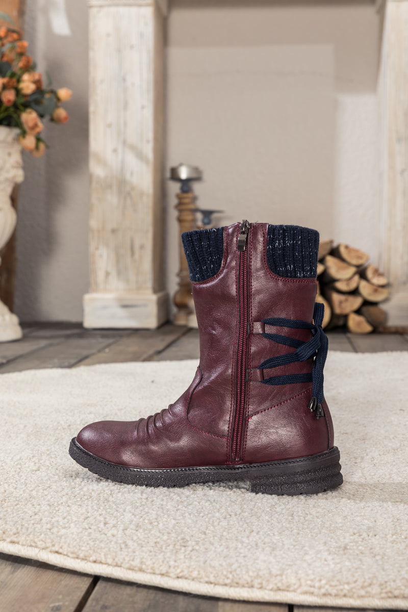 En Bloom | Burgundy Ruched Back Tie-Accent Combat Boot