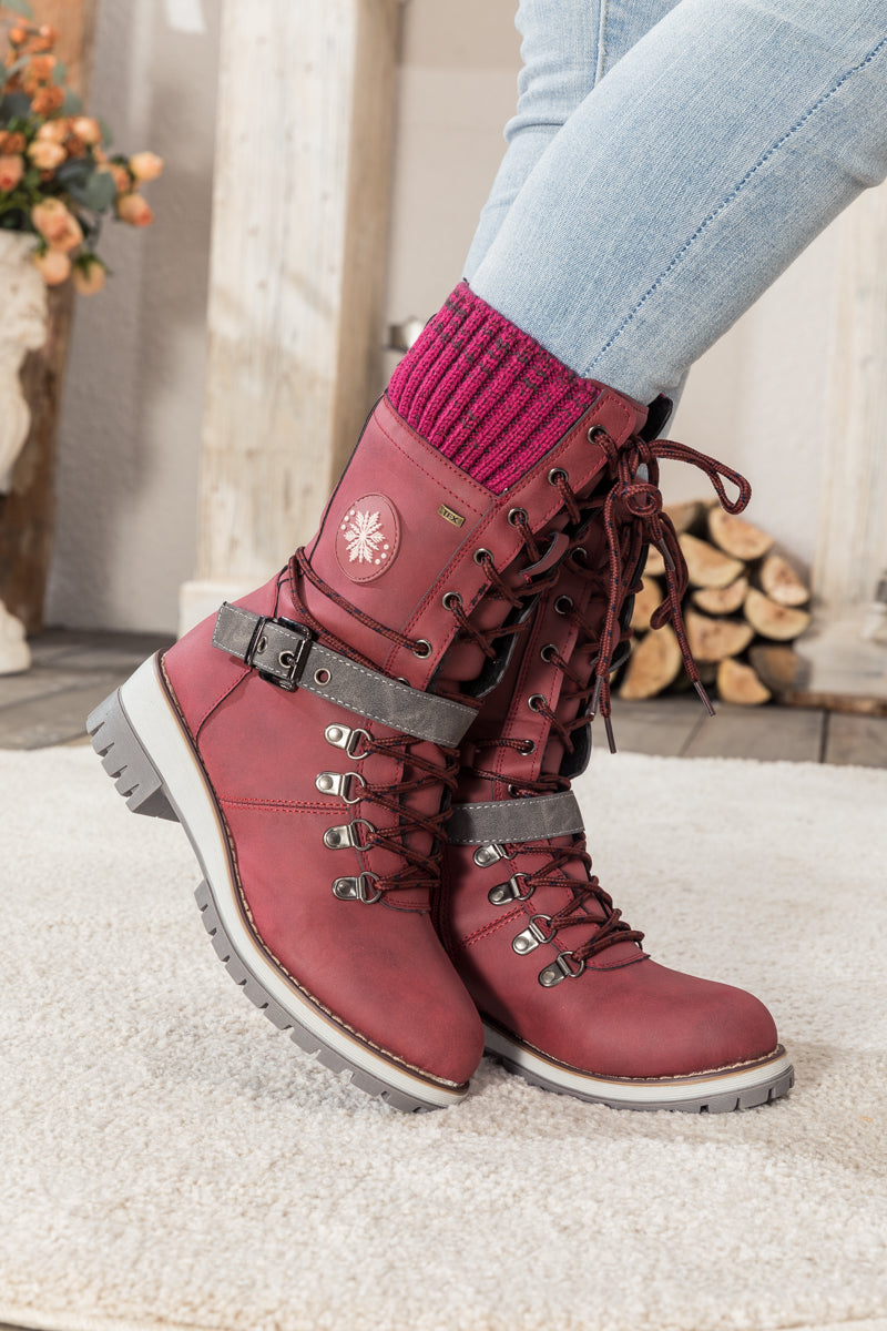 En Bloom | Ribbed-Cuff Buckle-Strap Boot - Red